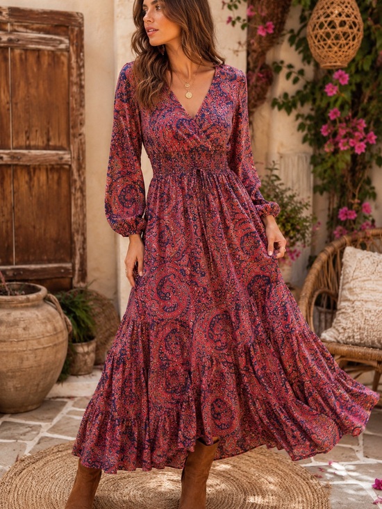 Boemo Anthropologie Dresses & Skirts - Boemo Paisley Boho Maxi Dress Small Pink Blue Smocked Waist Tiered Maxi Festival